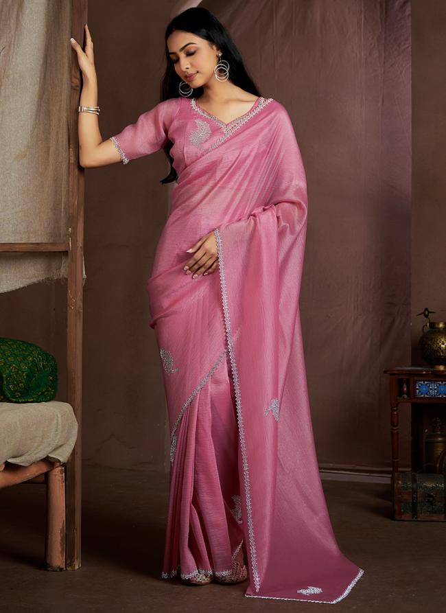 Crush Silk Dusty Pink Party Wear Hand Work Saree